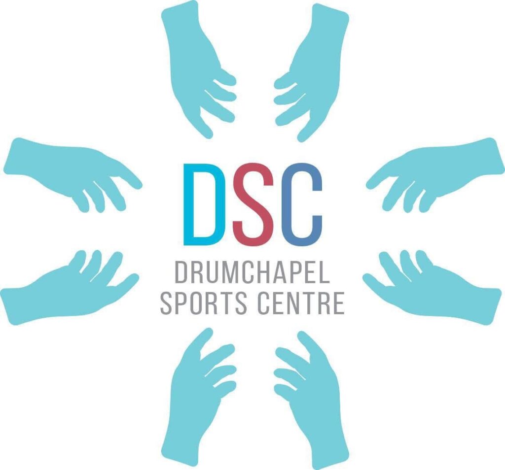 Logo of Drumchapel Sports Centre with blue hands surrounding the text.