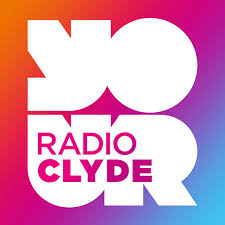 Logo of Radio Clyde with bold white and pink text on a gradient background.