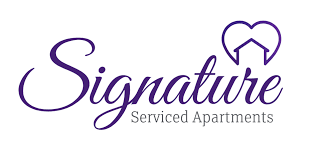 Logo of Signature Serviced Apartments in elegant purple font.