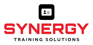 Logo for Synergy Training Solutions with a black icon and red text.