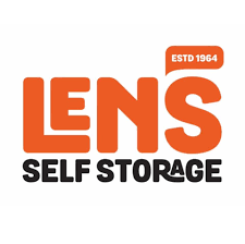 Logo of LENS Self Storage in bold orange and black.